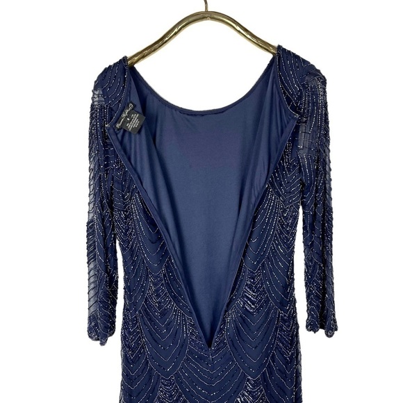 PISARRO NIGHTS BLUE ART DECO SCALLOP BEADED SHEER SLEEVE COCKTAIL SHEATH DRESS - Picture 10 of 16